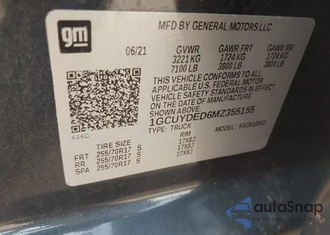 2021 Chevrolet Silverado 1500 4Wd Short Bed Lt z USA, uszkodzony, nr VIN 1GCUYDED6MZ355155